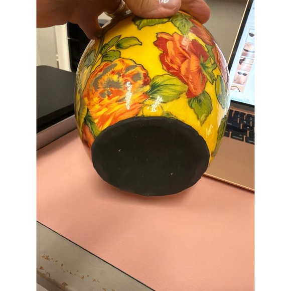 Vintage Mid Century Decoupage Art Pottery Vase Raised Floral Yellow Decor - Picture 5 of 6